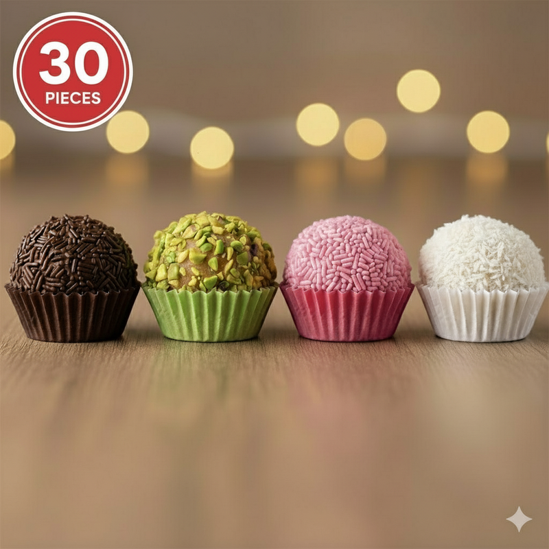 Four colorful dessert truffles in decorative cups on a wooden surface with blurred lights in the background.