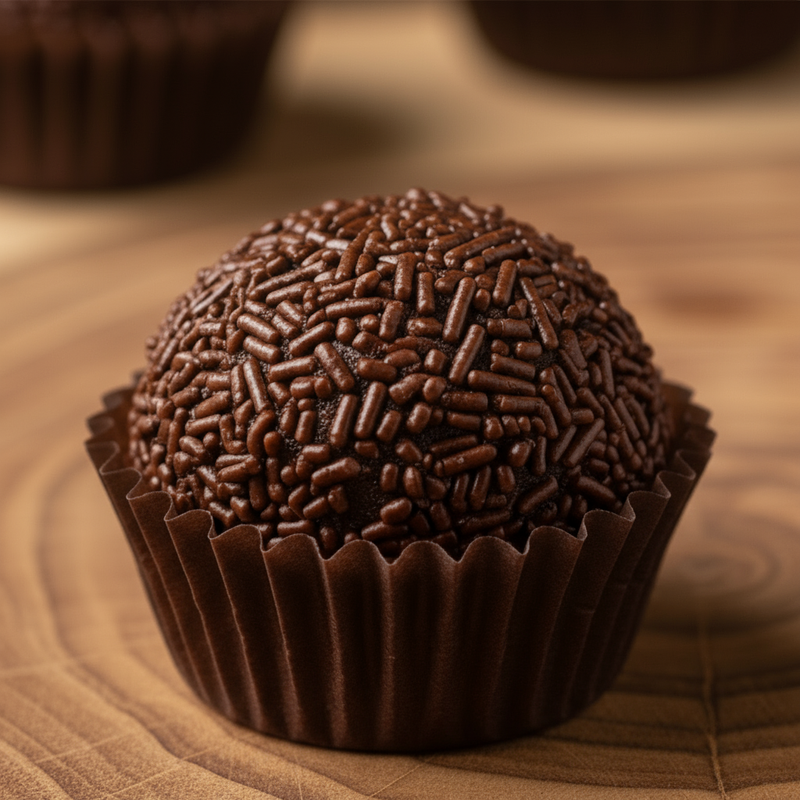 Chocolate truffle with sprinkles in a brown cupcake liner on a wooden surface