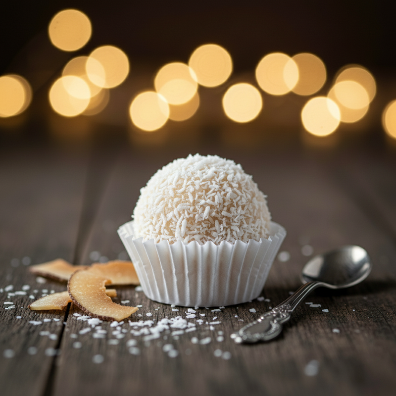 Coconut ball in a white paper cup on a wooden surface with blurred lights in the background