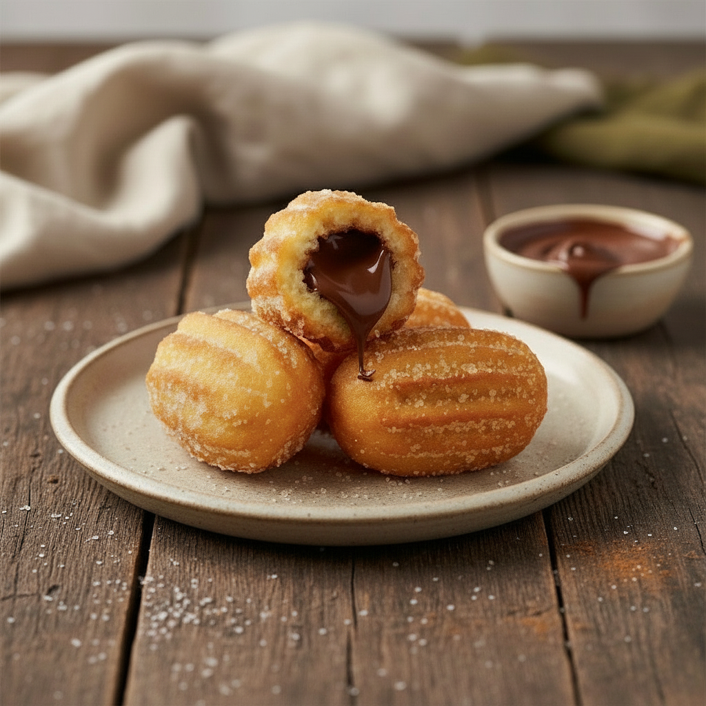 Three fried pastries with a nutella filling on a plate with a small bowl of chocolate sauce on a wooden surface.