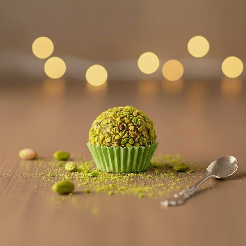 Green pistachio ball in a cupcake liner on a wooden surface with a blurred light background
