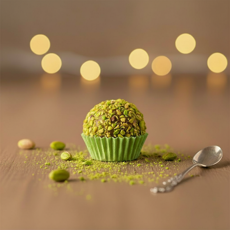 Green pistachio ball in a cupcake liner on a wooden surface with a blurred light background