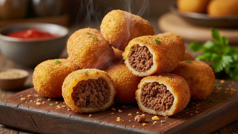 Fried beef croquette on a wooden board with steam rising, surrounded by ingredients.