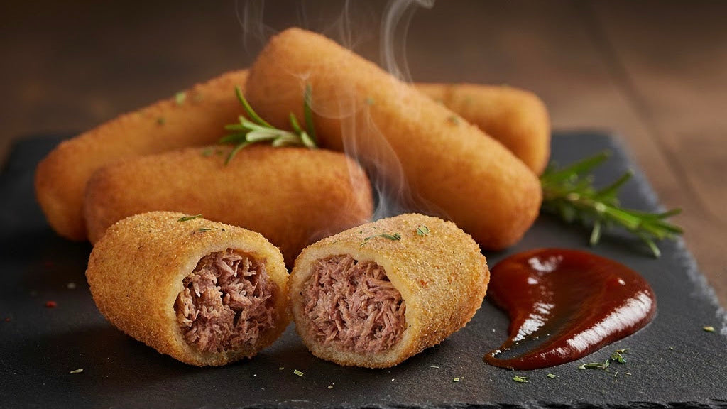 Fried croquettes on a slate board with a side of ketchup and rosemary, steam rising from the croquettes.