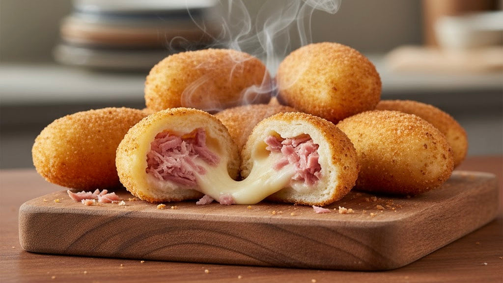 Breaded and fried ham and cheese risoles with a soft cheese filling on a wooden board, with a blurred indoor background.